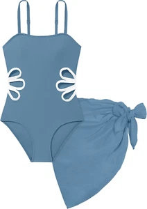 Girls Swimsuit, Adjustable Straps Cut Out One Piece Bathing Suit with Solid Colo - Picture 1 of 20