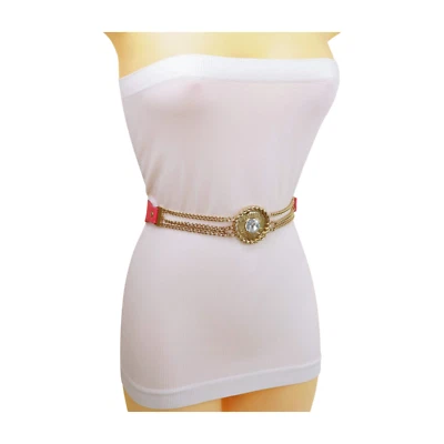 Women Coral Pink Color Stretch Band Belt Gold Metal Chain Fashion Bead Charm S M - Image 1 of 4