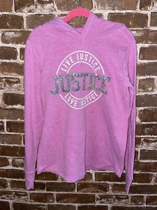 JUSTICE GIRLS 10 KIDS PURPLE LOGO SWEATSHIRT HOODED LONG SLEEVE SEQUIN SHIRT TOP - Picture 1 of 3