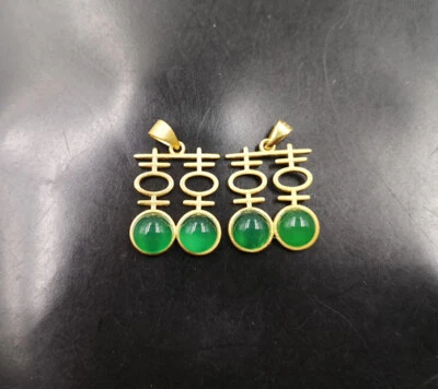 Collar Colgante Doble Felicidad Chapado en Oro Ágata Calcedonia Verde Genuino Foto 1 de 4