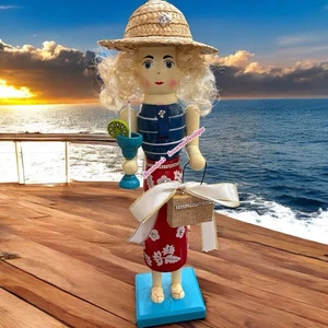 14“ Christmas, Lady at the Beach Nutcracker Straw Hat , Bag, Floral Skirt Drink - Picture 1 of 9