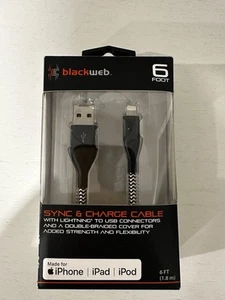 Black Web 6 Foot iPhone USB Cable - Zdjęcie 1 z 2
