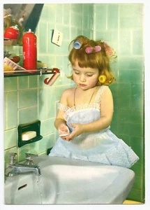 RARE Vintage Postcard RPPC Photo Child Girl Bathroom Makeup Curlers Posted 1976 - Picture 1 of 2