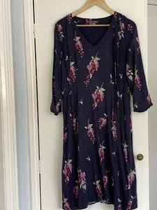 Laura Ashley Floral Viscose Rayon Dress Navy Pink Floral Tie Neck 12 - Picture 1 of 13