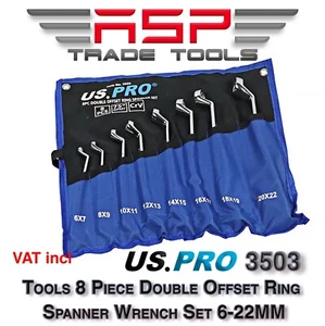US PRO Tools 8 Piece Double Offset Ring Spanner Wrench Set 6-22MM 75DEG 3529 - Picture 1 of 3