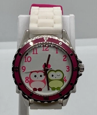 Cute Ladies/Kids Watch W/new Battery 2 Owls Pink Bezel White Strap Fits To 6.75” - Image 1 of 4