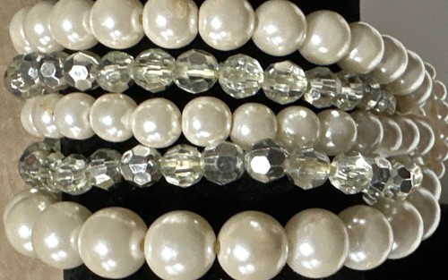 OFF WHITE Bracciale Stravagante Finta Perla Glitter Perline Bianco Argento Connesso Elasticizzato Fairycore