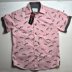 New! Distortion Size 8 Small Boys Button Up Short Cuff Sleeve Shirt Pink Sharks - Picture 1 of 11