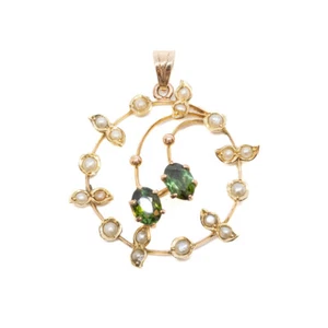 Vintage 9ct Seed Pearl & Green Paste Circle Pendant #61790 - Picture 1 of 7