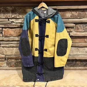 Vintage 90s Color Block Denim Hooded Overcoat with Toggle Buttons - Picture 1 of 8