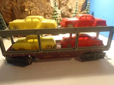 MARX SOU. 51100 FLAT BED WITH CAR CARRIER AND 4 PLASTIC  CARS, MINT     5-229-5 - Image 1 of 4