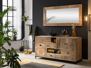 Waschtisch mit Spiegel Laos Badset massiv Holz Mango rustikal geschnitzt - Bild 1 von 12