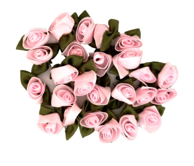 25 Pink with Green Leaf Satin Mini RIBBON ROSES 3/8" Applique Sewing Bows Crafts - Image 1 of 4