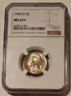 1945 D Jefferson Silver Nickel Unc MS67+ NGC Toning - Image 1 of 4