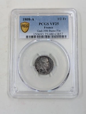 1808-A París Francia Plata 1/2 Franco PCGS VF25 GAD-398 Buste Fin KM#680.1  Foto 1 de 4