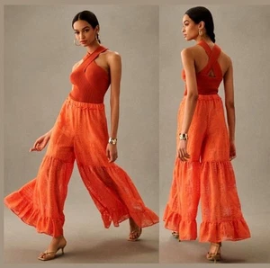 Anthropologie Chiffon Palazzo Hose Größe Medium Orange Rüschen Weites Bein  - Bild 1 von 12