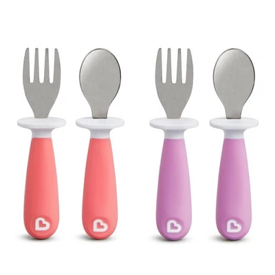Toddler Flatware Set 4 Pack Pink Purple Forks Spoons Ergonomic Design BPA Free - Image 1 of 4