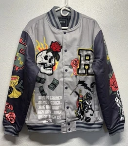 Reason Brand Trust Totenkopf Bomberjacke Herren Large hellgrau gepatcht Varsity - Bild 1 von 18