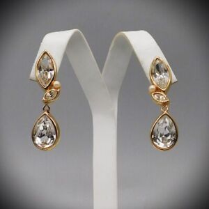 SWAROVSKI Crystals Dangle Pierced Earrings Tiny Faux Pearl Accent Gold Tone