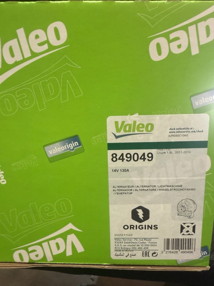 Alternador Chevy Cruze 2011-2014: Valeo OEM 849049 [TOTALMENTE NUEVO] Foto 1 de 4