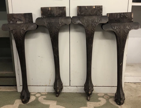 LOT OF 4 FOUR VINTAGE 25” WOOD TABLE LEGS CARVED BALL AND CLAW ORNATE SALVAGE Cover