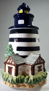 Barattolo Biscotti Faro 12" Ceramica Nero Bianco Blu Giallo Bico Cina Decorazione Spiaggia - Foto 1 di 7