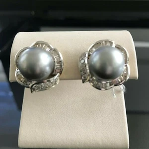 12.5 mm Tahitian South Sea Pearl Diamond 14k Gold Earrings - Picture 1 of 9
