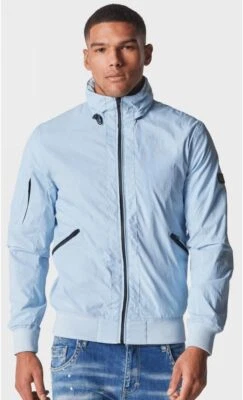 Police 883 Jeans Hombres Chaqueta Anson Azul Hielo Chaqueta Bombardero Embudo Cuello Capucha Foto 1 de 4