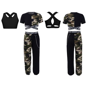 Girls Sports Set Cross Back Tracksuit Athletic 3Pcs Hip Hop Vest Dance Pants - Picture 1 of 25