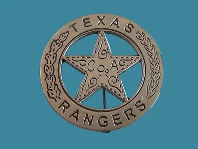 TEXAS RANGERS NOVELTY BADGE OLD WEST SILVER STAR PINBACK MINIATURE 1 5/8" - Image 1 of 3