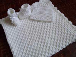 Knit/Crochet Personalized Baby Blanket, Hat and Booties (white 33x33) - Picture 1 of 5