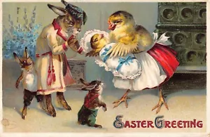 Anthropomorphic Easter Chicken Bunny Family Chick Mom Holding Baby Germany 1910 - Picture 1 of 2