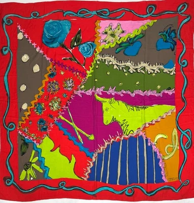 Christian Lacroix Auth XL 54" x 55" Red Blue 100% Silk Print Scarf Wrap Shawl - Image 1 of 4