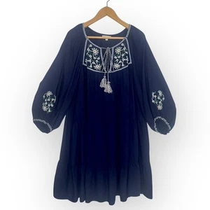 Max Studio Embroidered Peasant Dress Size XL Navy Blue Boho Oversized Tassel - Picture 1 of 11