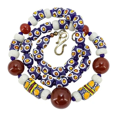 Collar Artesanal Tribal Boho Cuentas Krobo Cornalina Lapislázuli Jade Murano 21" Foto 1 de 4