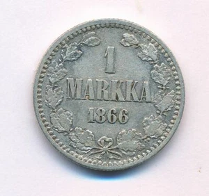 1866 Imperial Russia Finland 1 MARKKA Mark Silver Coin Alexander III Era - Picture 1 of 2