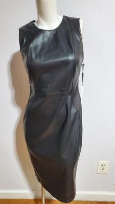 NEW CALVIN KLEIN SLEEVELESS FAUX LEATHER BLACK SHEATH DRESS SIZE 2 - Image 1 of 4