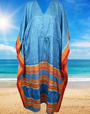 Boho Womens Blue Floral Printed Cruise Maxi Beach Vacation Gift Dress OneSize