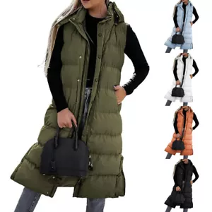 WOMEN LONG LINE HOODED PUFFER GILET JACKET LADY PADDED VEST TOP BODY WARMER - Picture 1 of 19