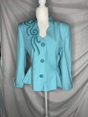 Blazer Nolan Miller 10 Dynasty Vintage Años 80 Cuentas Turquesa Lentejuelas Chaqueta Foto 1 de 4