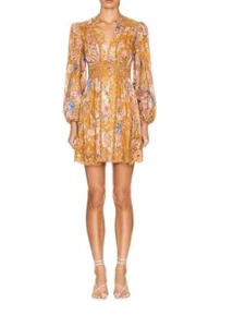 Zimmermann August Plunge Mini Dress | Mustard Floral, Puff Sleeves, Embroidery - Picture 1 of 10