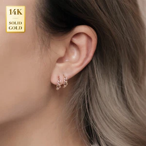 14K REAL Solid Gold Chain Hoop Earring Gold Hoop Rope Hoop Gold Hoop Huggie - Picture 1 of 9