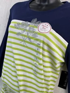 Kim Rogers Top Womens Large Black 3/4 Sleeve Rib Crew Striped Blue Lime green - Picture 1 of 9