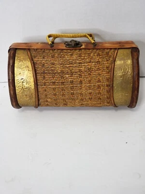 BOLSO/BOLSO DE MANO/JOYERO DE BARRIL DE METAL TEJIDO MADERA RARO AÑOS 40/50 Foto 1 de 4