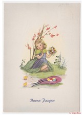 Pasqua cartolina augurale vintage anni 60 con bambina pulcini uova colorate
