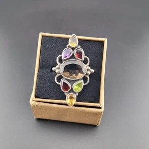 Vintage Sterling Silver Multi Gemstone Cluster Ring US Size 7 Bezel Set 925 - Picture 1 of 14