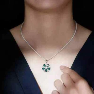 3CT Pear Cut Lab Created Green Emerald & Diamond Pendant 14K White Gold Plated - Picture 1 of 3