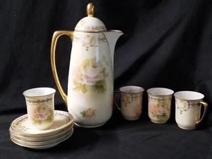 Prussia Royal Ruddlstadt White Rose Chocolate pot Tea set 3 cups and 4 saucers - Picture 1 of 12