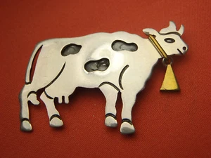Vintage Taxco 925 Sterling Silver Farm Cow With Brass Bell Brooch Pin TV-94  - Picture 1 of 11