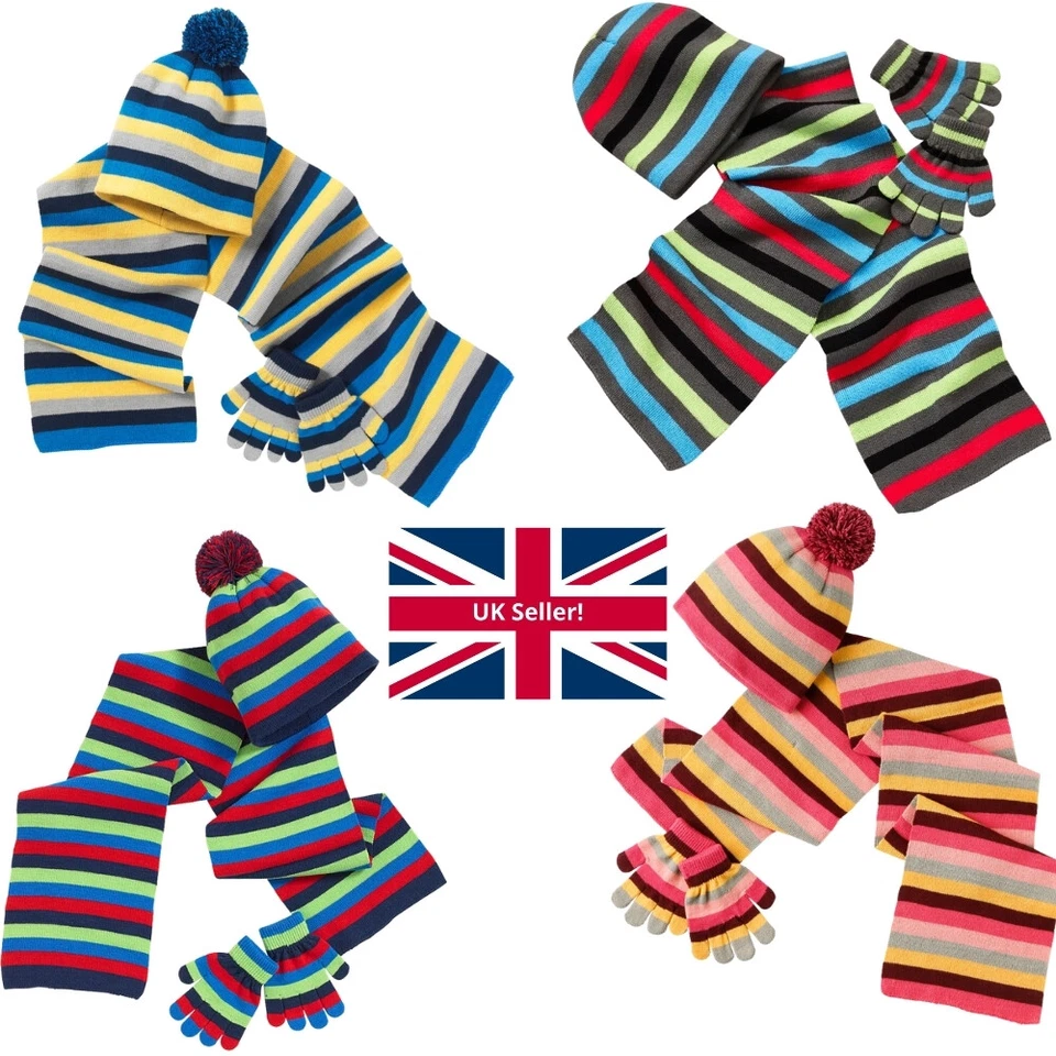 Younger Boys Girls Rainbow Striped Winter Pom Pom Beanie Hat Scarf Gloves Set - Image 1 of 1